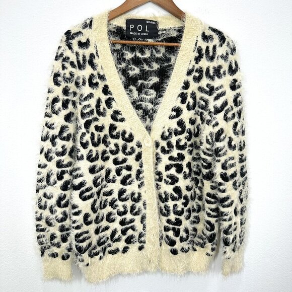 POL Women's Size Medium Cardigan Leopard Animal Print Eyelash Fuzzy Sweater - Picture 1 of 5